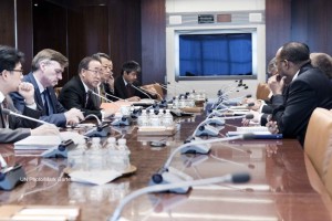 Secretary-General Ban Ki-moon (third from left) meets with senior advisers on the underground nuclear test announced by the Democratic People’s Republic of Korea (DPRK) on 6 January.